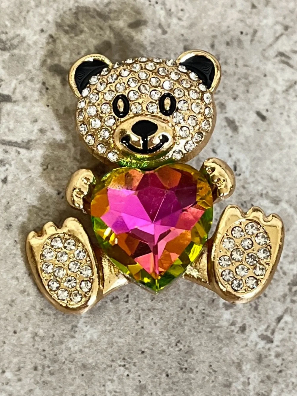 Teddy Bear Heart Brooch with Pink-Green AB Center Crystal, NIP,